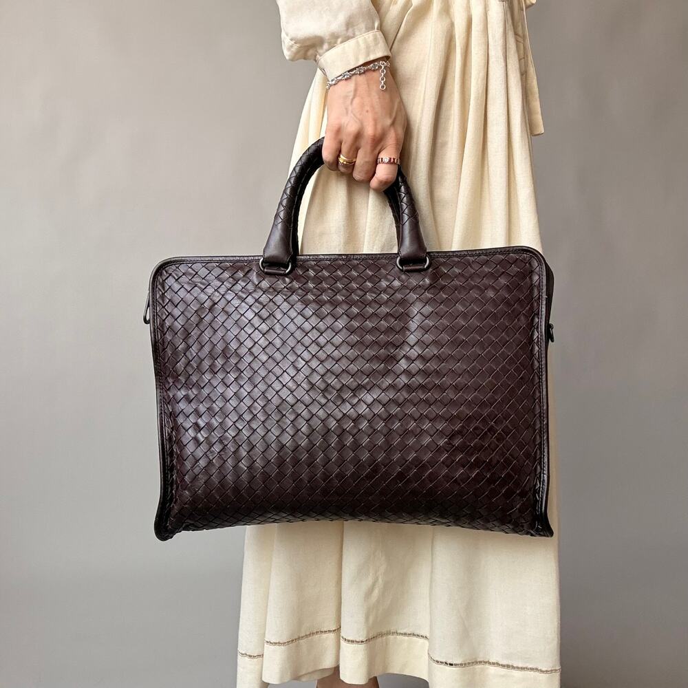 Vintage Bottega Veneta Intrecciato Leather Briefcase - Brown